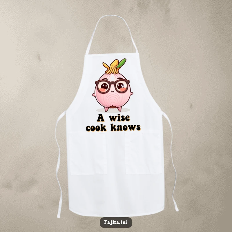 Funny apron depicting a studious fajita onion slice wearing reading glasses, designed for cooks who appreciate humor and intelligence.