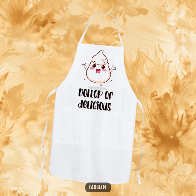 Funny Apron featuring a playful sour cream dollop character bouncing with excitement, designed for kitchen fun and culinary cheer.