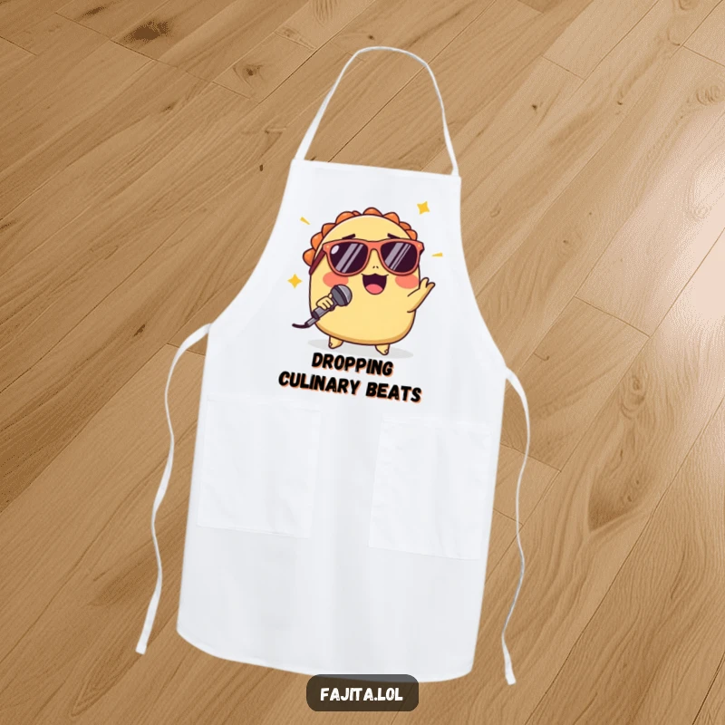 Funny apron with a winking taco in sunglasses performing a mic drop, bringing cool confidence and humor to kitchen tasks.