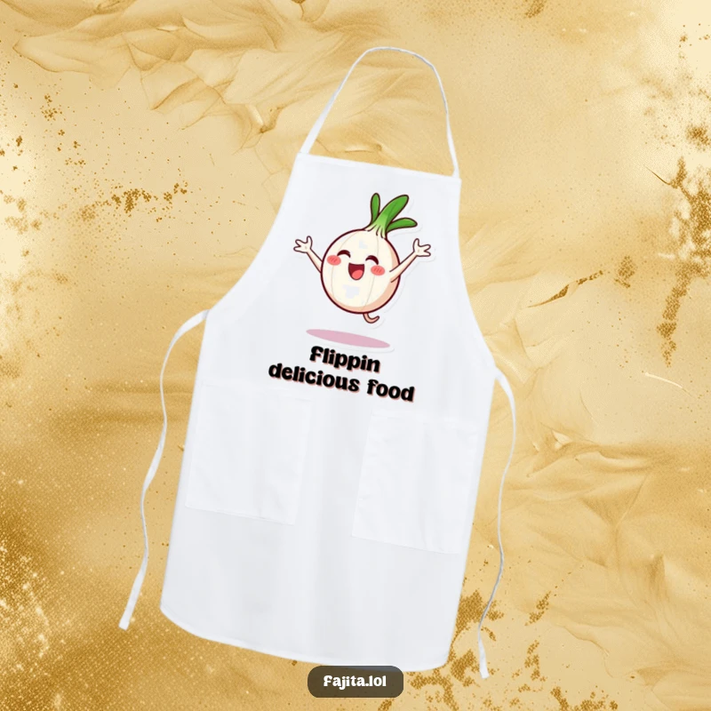 Funny apron graphic of an onion ring character performing a cartwheel, great for cooks who love a bit of fun.