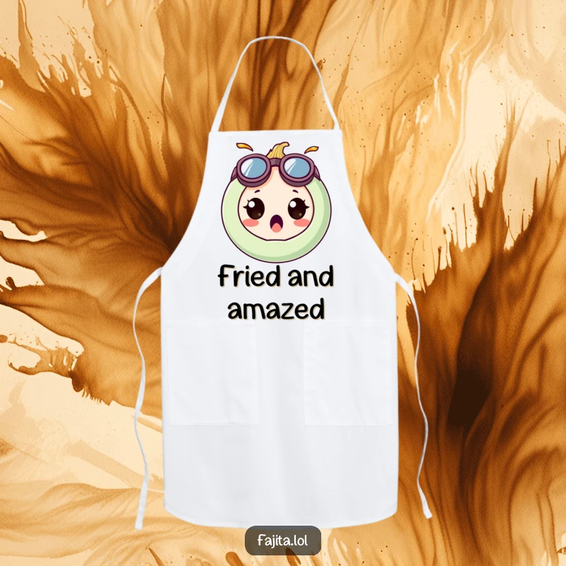 Funny apron with a surprised onion ring character wearing oversized, goofy goggles, bringing kitchen humor.
