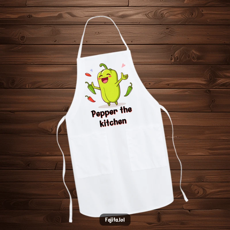 Funny apron with a laughing bell pepper juggling jalapenos, ready to bring humor and spice to culinary creations.