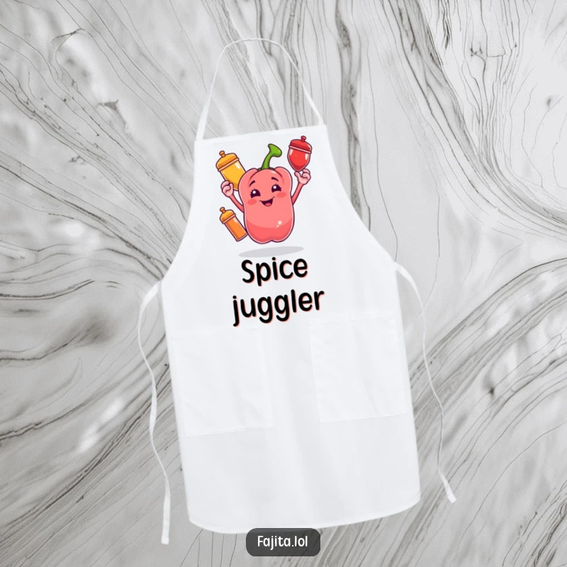 Funny apron with a cheerful bell pepper character juggling three colorful spice shakers, perfect for a playful cook.