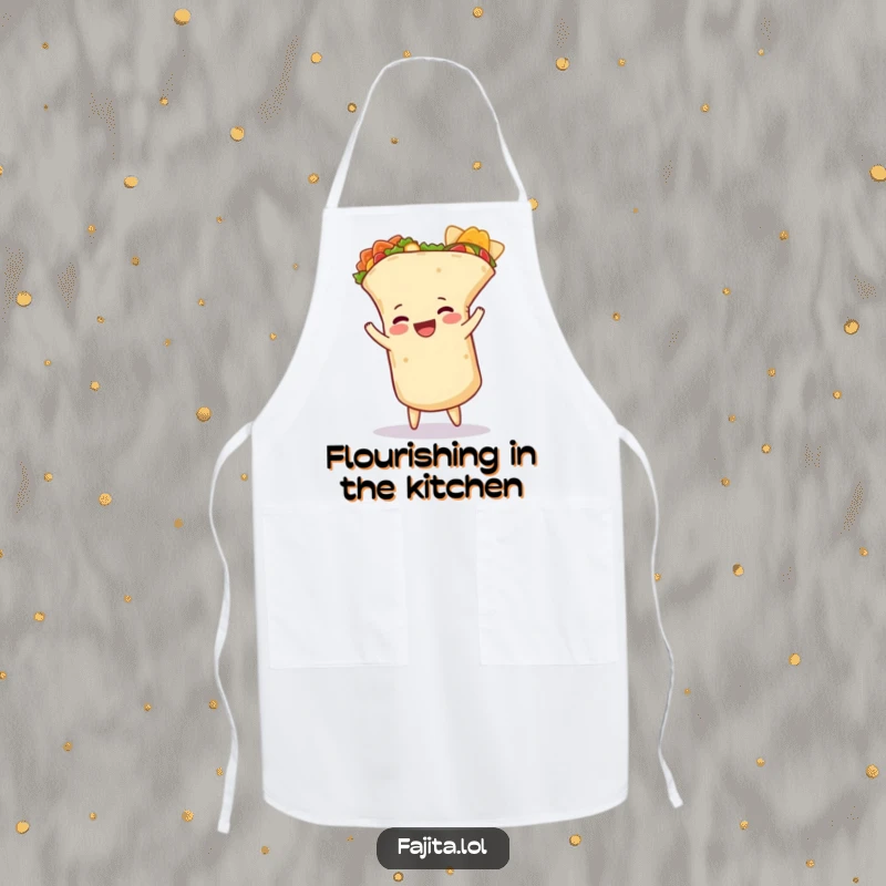 Funny burrito apron showing a happy burrito doing a cartwheel, its tortilla slightly unfurled, for cooks who love humor.