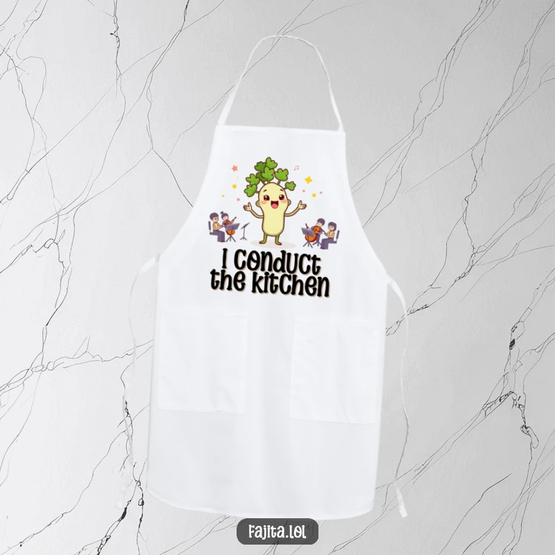 Funny apron showing a cilantro sprig character leading a spice orchestra, ideal for chefs who love humor in the kitchen.