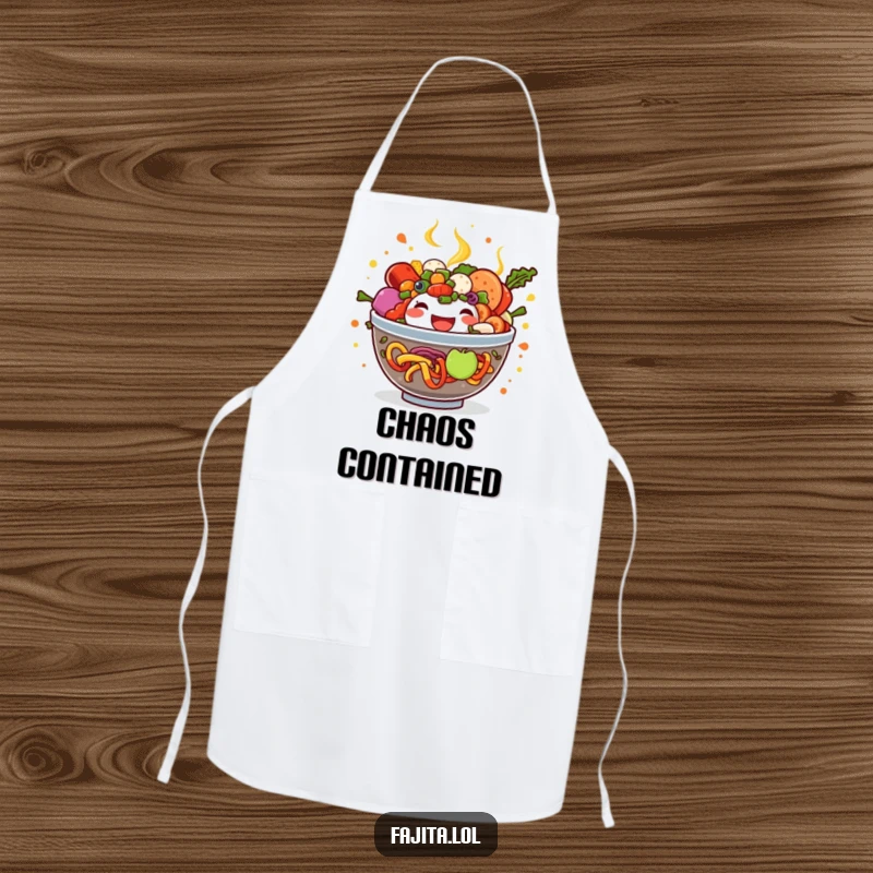 Funny Fajita Bowl Apron designed with a delightful overflow of ingredients, perfect for kitchen fun and protection.