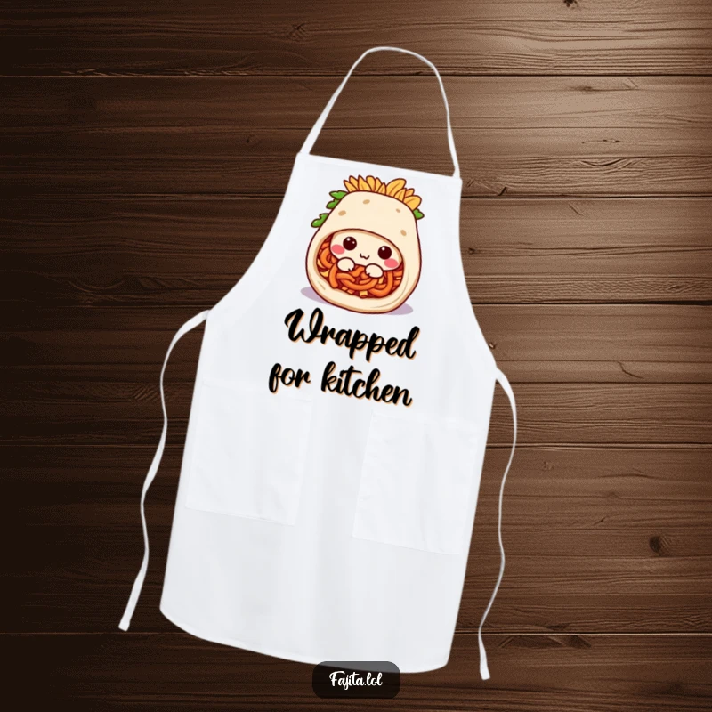 Funny apron graphic of a happy fajita burrito character rolling into a snug position, great for cooks who love comfort.