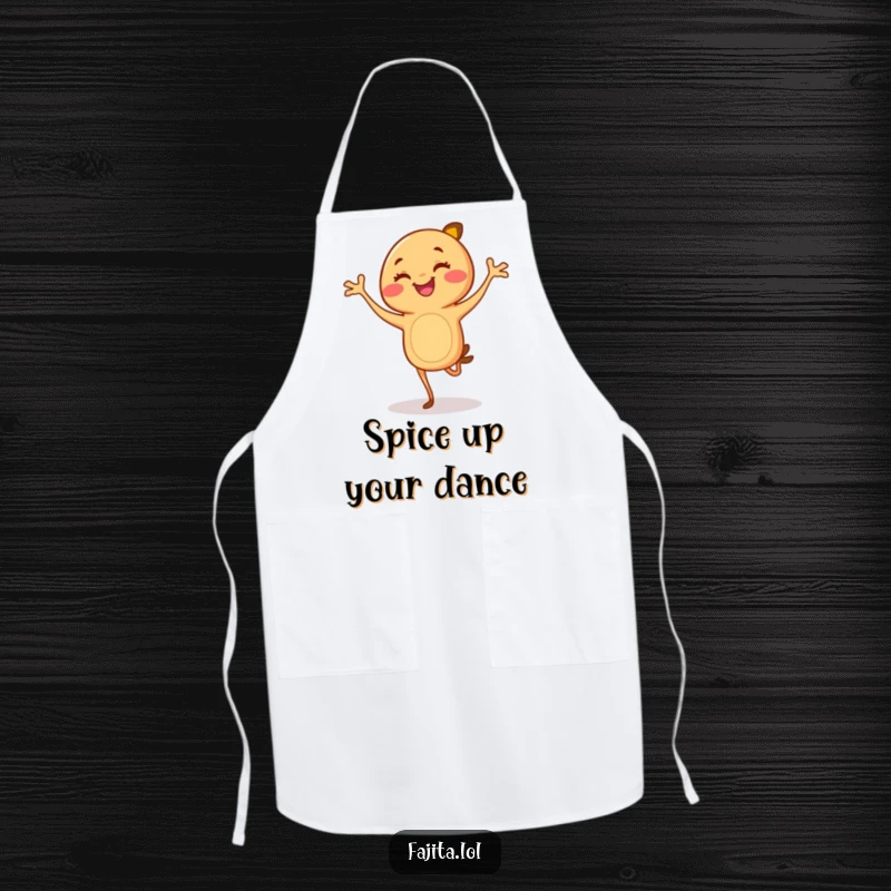Funny Fajita Apron: A smiling cartoon fajita with legs doing a lively flamenco dance, ready to spice up cooking.