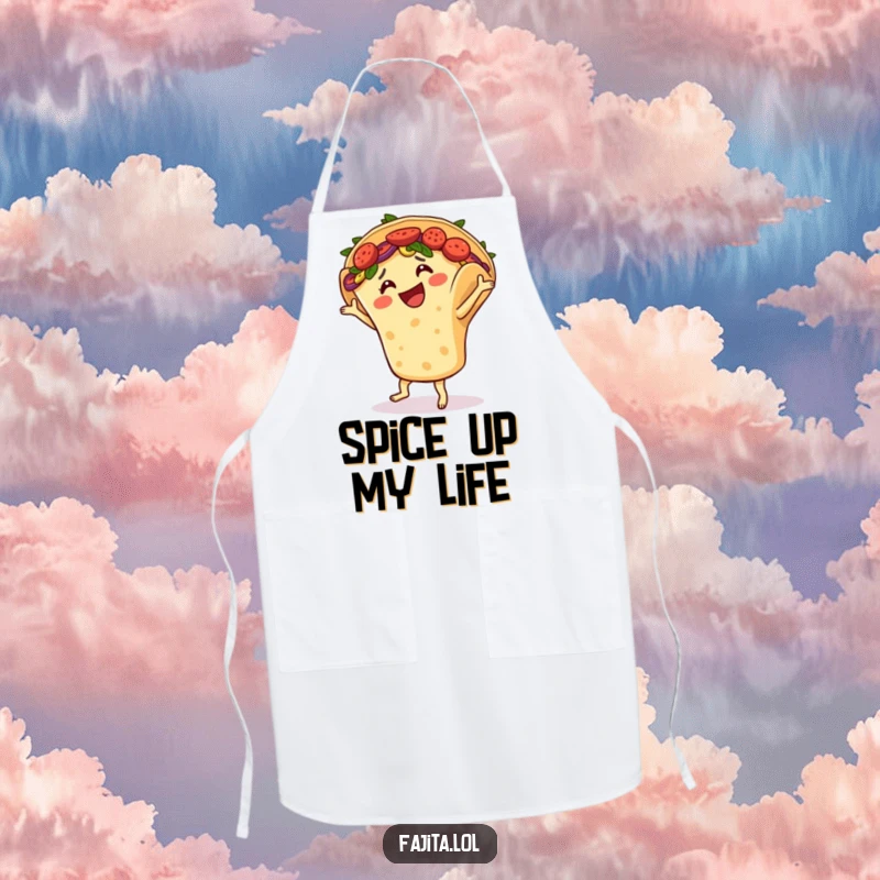 Funny apron shows a smiling fajita in a tortilla shell doing a lively salsa dance, perfect for a fun kitchen.