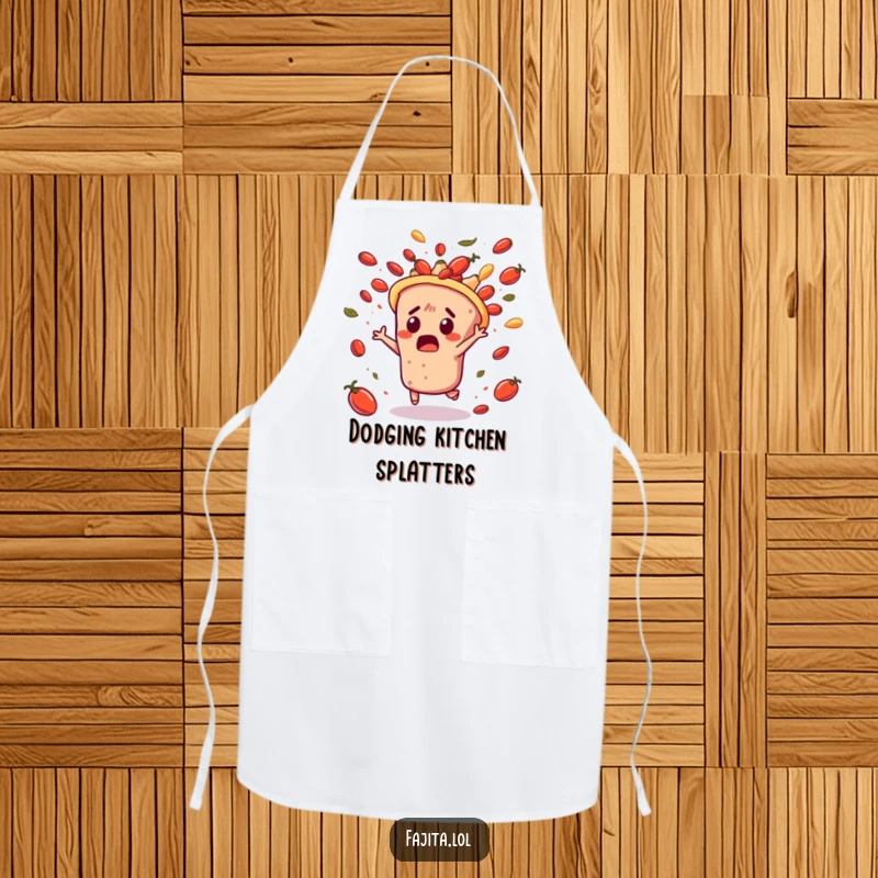 Funny apron showing a surprised fajita character dodging a cascade of flying salsa, adding humor and unexpected action to kitchen activities.