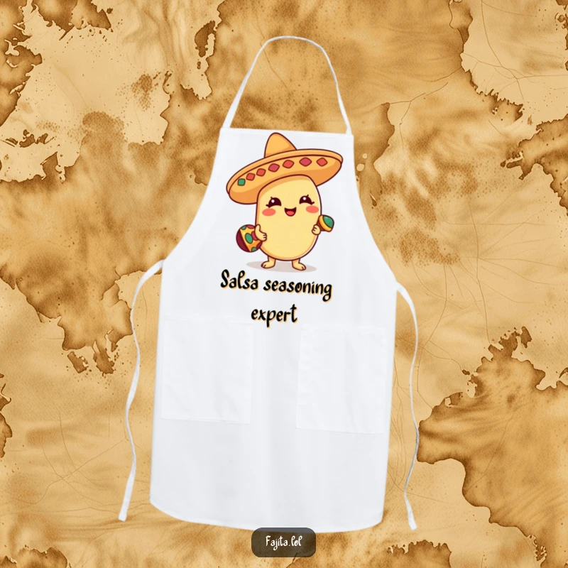 Funny Apron featuring a happy bean character in a sombrero, playing a tiny maraca, designed for kitchen fun and culinary cheer.