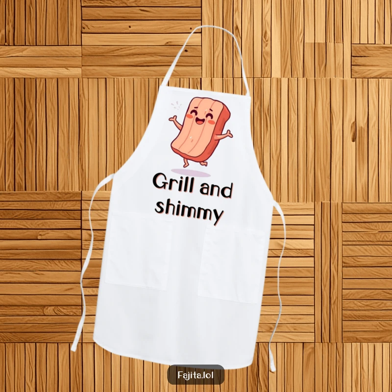 Funny apron with a smiling strip of grilled meat doing a cheerful shimmy dance, perfect for a playful cook.