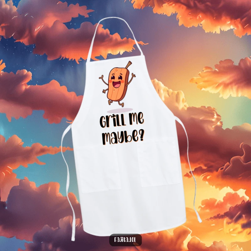 Funny apron featuring an excited grilled meat character doing a happy skip, ready for culinary action.