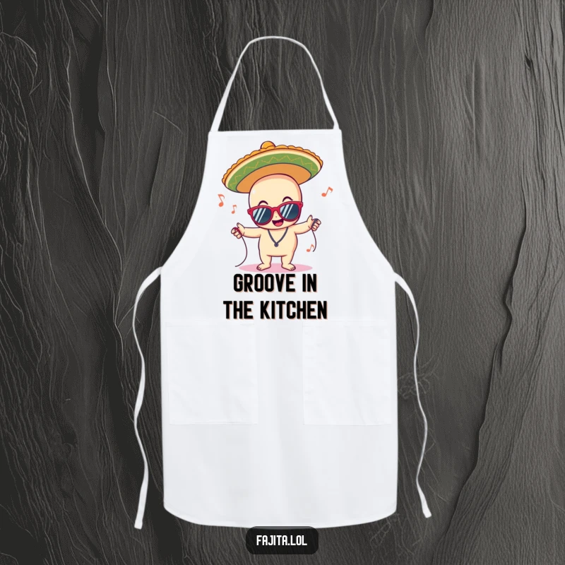 Funny apron featuring a delighted sombrero character with sunglasses, grooving to music, ideal for hosts who love to cook and entertain.