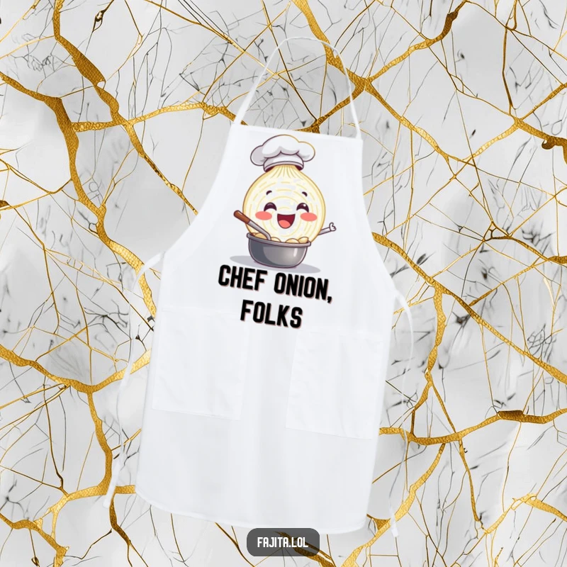 Funny apron with a delighted onion slice chef happily stirring a pot, ready to bring humor and culinary flair to cooking.