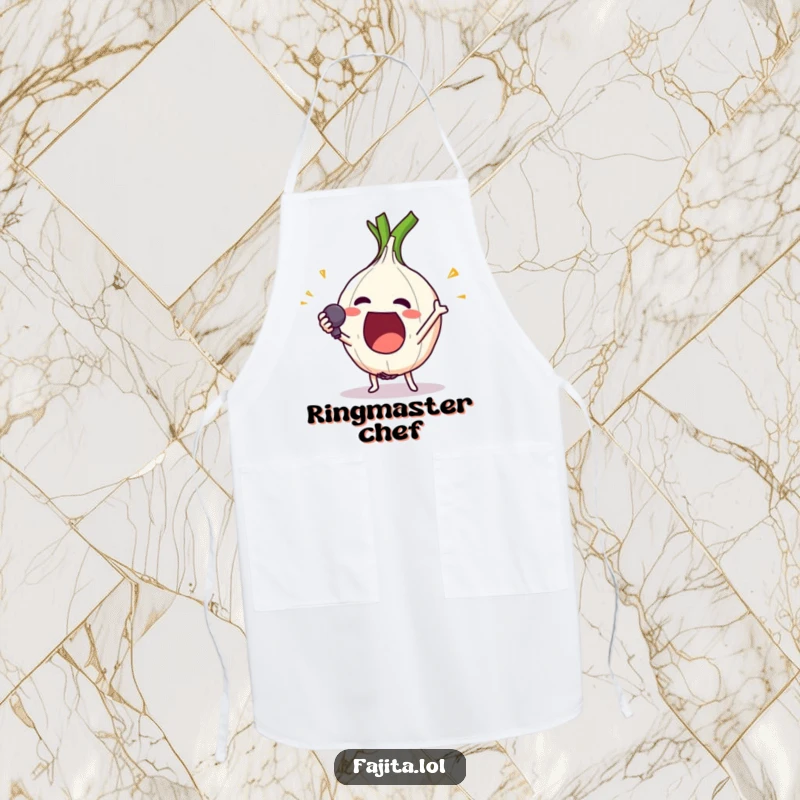 Funny apron with an excited onion ring character performing a dramatic mic drop, perfect for a playful cook.