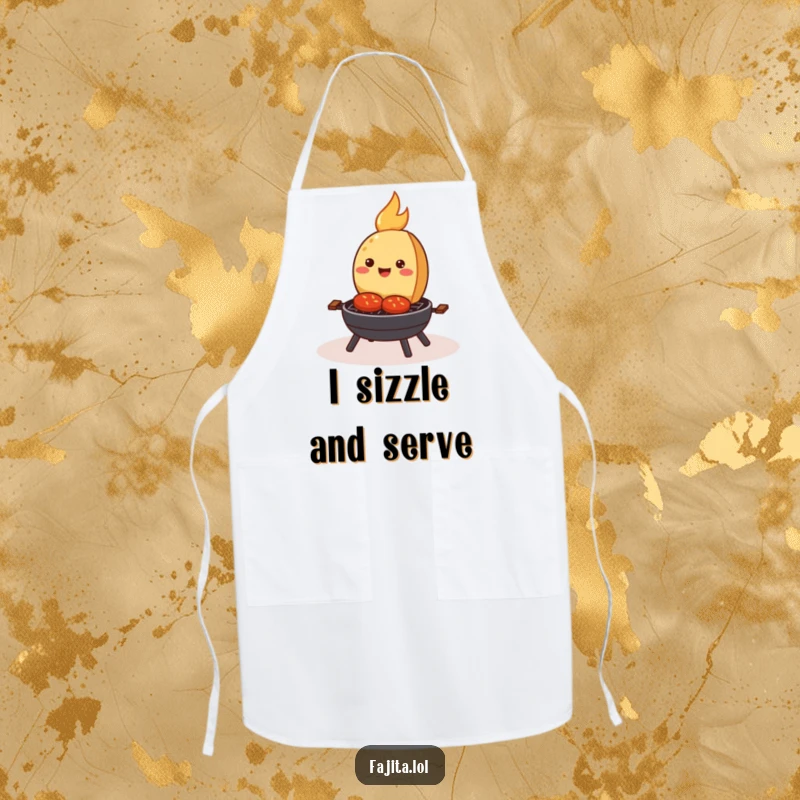 Funny apron featuring a smiling fajita happily sizzling on a tiny cartoon grill, perfect for cooks who enjoy humor and delicious food.