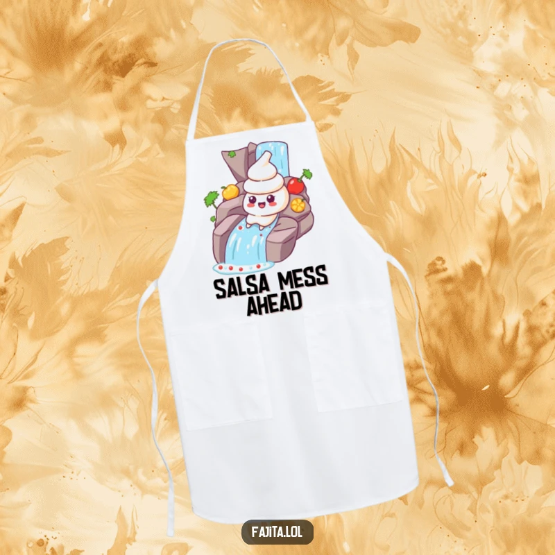 Funny Sour Cream Apron: A sour cream dollop character sliding down a salsa waterfall, designed for humorous cooking and baking.