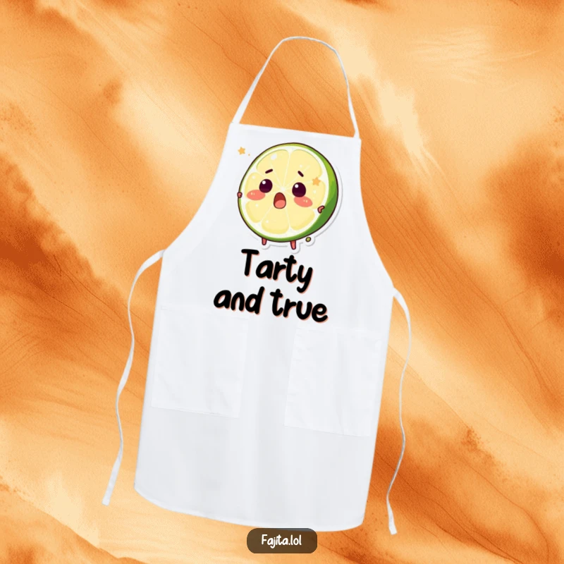 Funny apron featuring a surprised lime wedge character comically being squeezed, ready for kitchen fun.