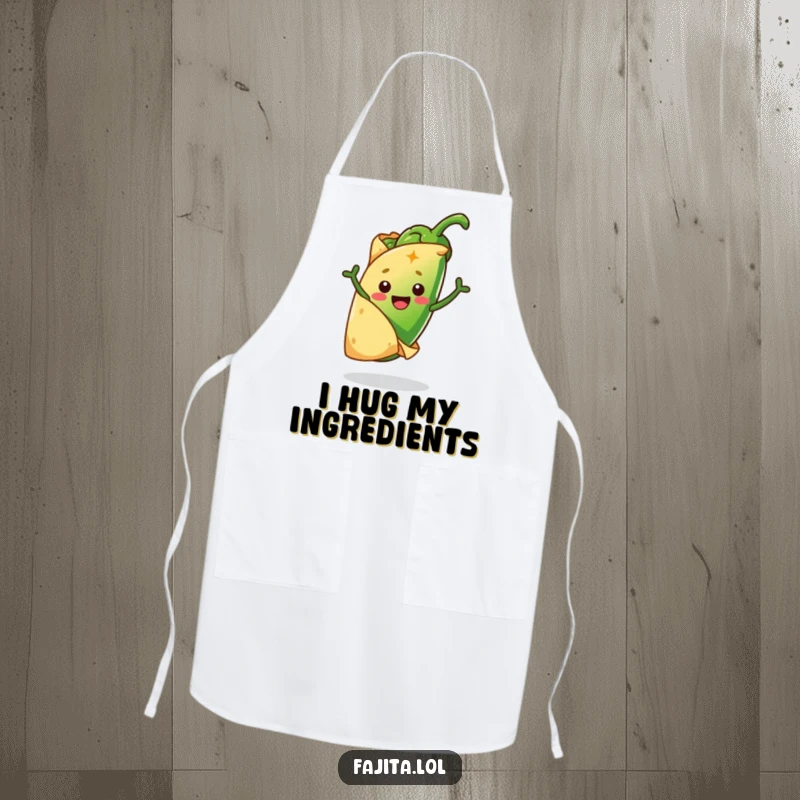 Funny apron depicting a cheerful tortilla embracing a jumping jalapeño, designed for cooks who add humor and spice to their meals.