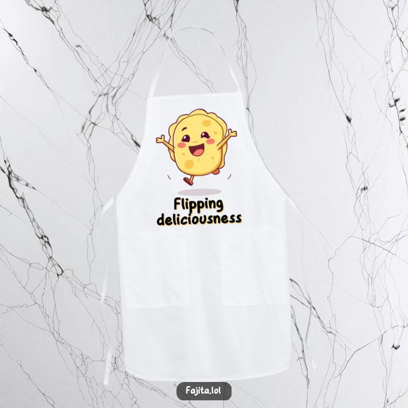 Funny apron with a joyful tortilla performing a cartwheel, ready to bring fun and cheer to any cooking endeavor.