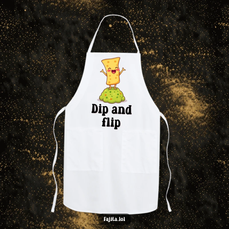 Funny apron with a laughing tortilla chip doing a headstand on guacamole, bringing culinary humor to the kitchen.