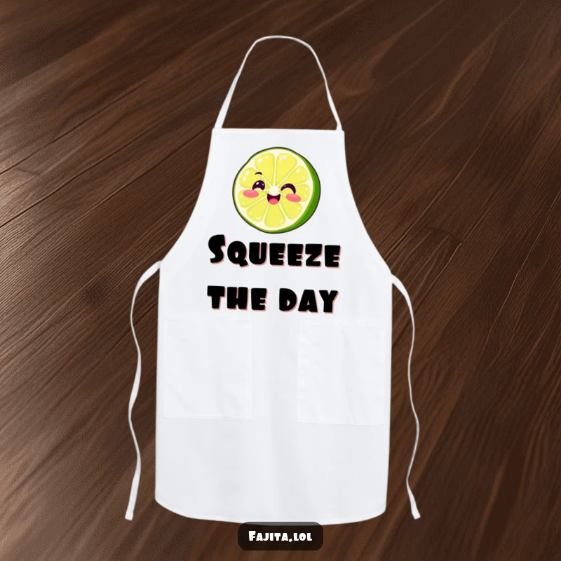 Funny Fajita Lime Slice Apron capturing a smiling, wiggling character, ideal for kitchen protection and a dose of fun.