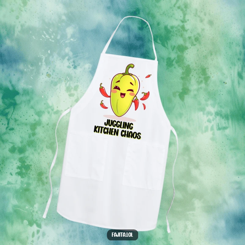 Funny apron depicting a fajita pepper winking playfully while juggling chili peppers, designed for cooks who enjoy adding humor to their meals.