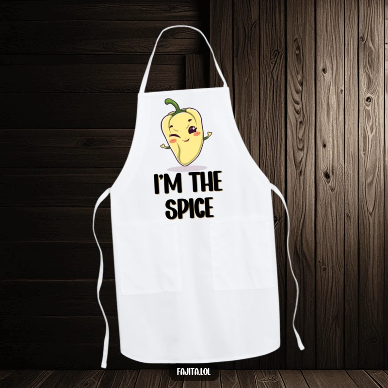 Funny apron featuring a playful pepper character with a mischievous grin and a wink, perfect for cooks who enjoy humor.