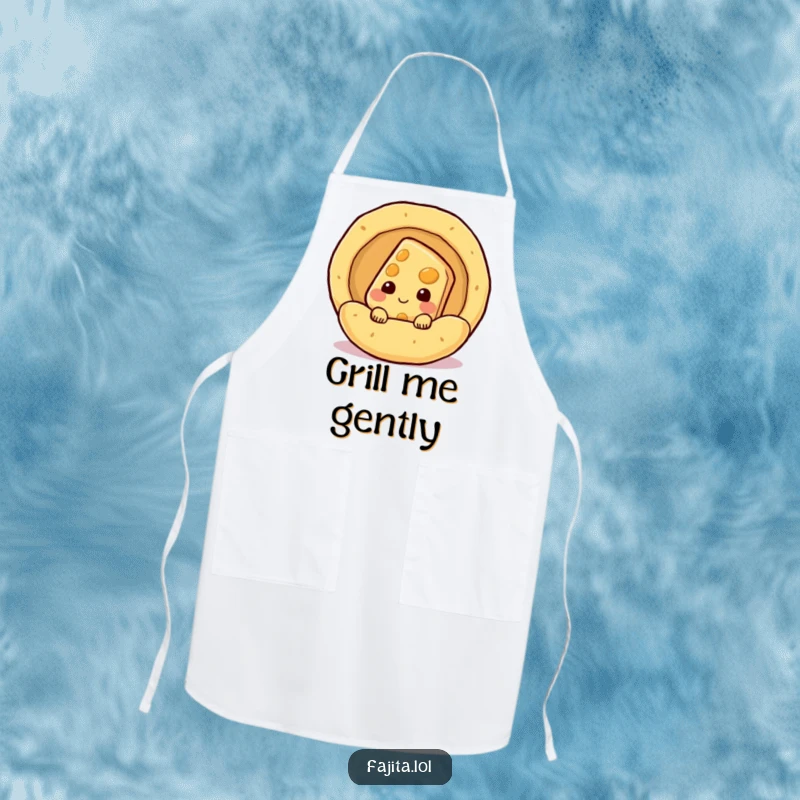 Funny shy cheese slice character peeking from a steaming tortilla on an apron, ideal for humorous cooking sessions.