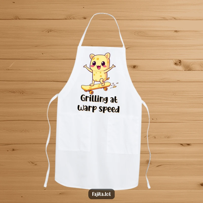 Funny apron showing a gleeful fajita character skateboarding on a cheese board, adding humor and extreme fun to kitchen activities.