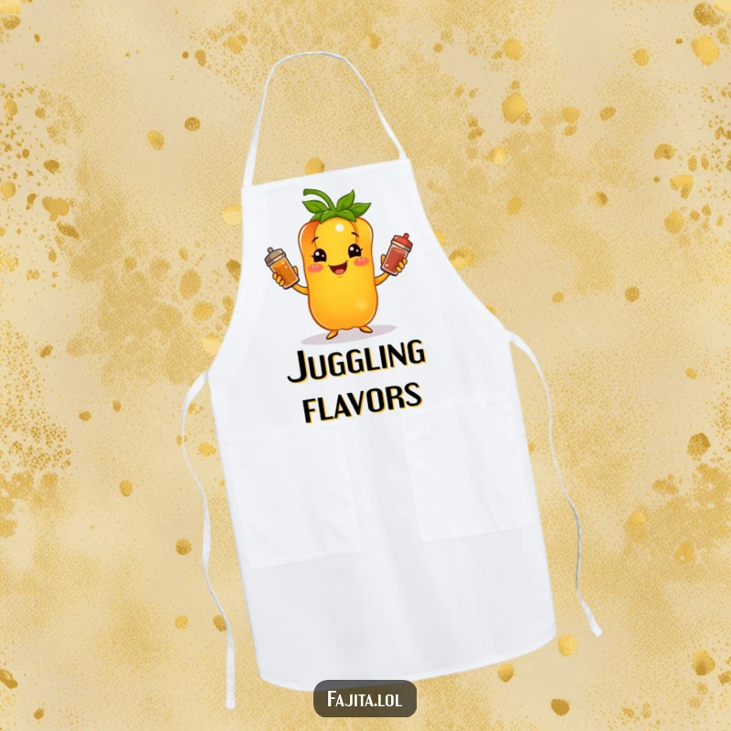 Funny apron design of a bell pepper character juggling colorful spice shakers, ready for kitchen adventures with a smile.