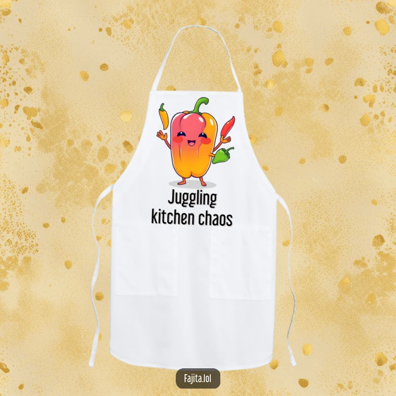 Funny Bell Pepper Apron: A bell pepper character demonstrating impressive chili juggling skills, perfect for cooking with humor.