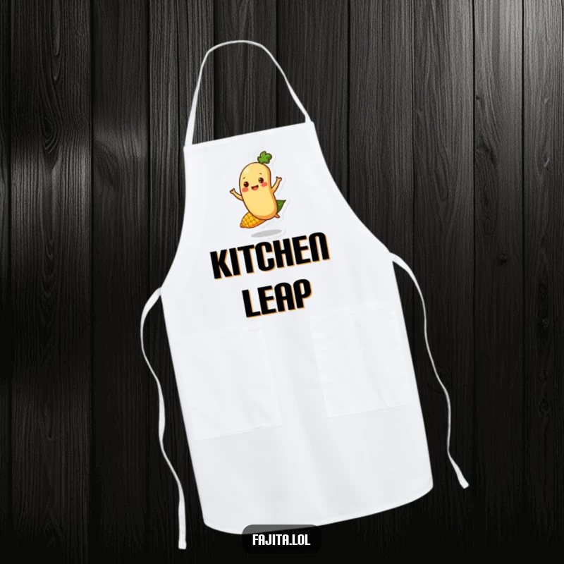 Funny Fajita Bean Character Apron capturing a happy bounce on a corn kernel, ideal for kitchen protection and a dose of fun.