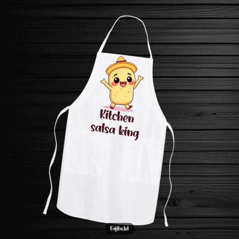 Funny apron depicting a smiling burrito with a tiny sombrero, enthusiastically salsa dancing while ready to cook.