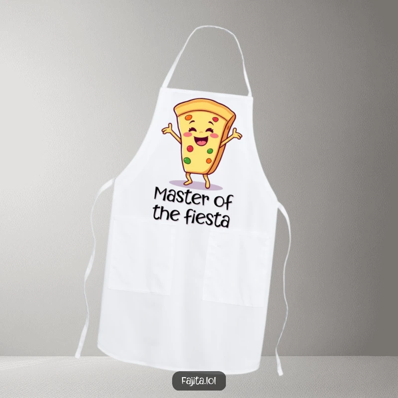 Funny apron featuring a smiling fajita slice in a spirited salsa dance, designed for cooks who enjoy adding humor to their culinary creations.