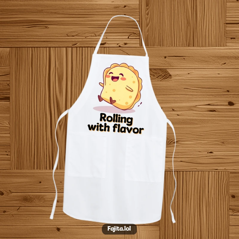 Funny apron shows a giggling tortilla character rolling downhill with pure delight, perfect for a fun kitchen.