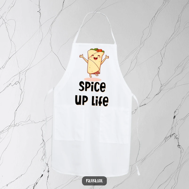 Funny apron showing a smiling fajita wrap in a cartwheel motion, spicy filling flying, ideal for a playful cook.
