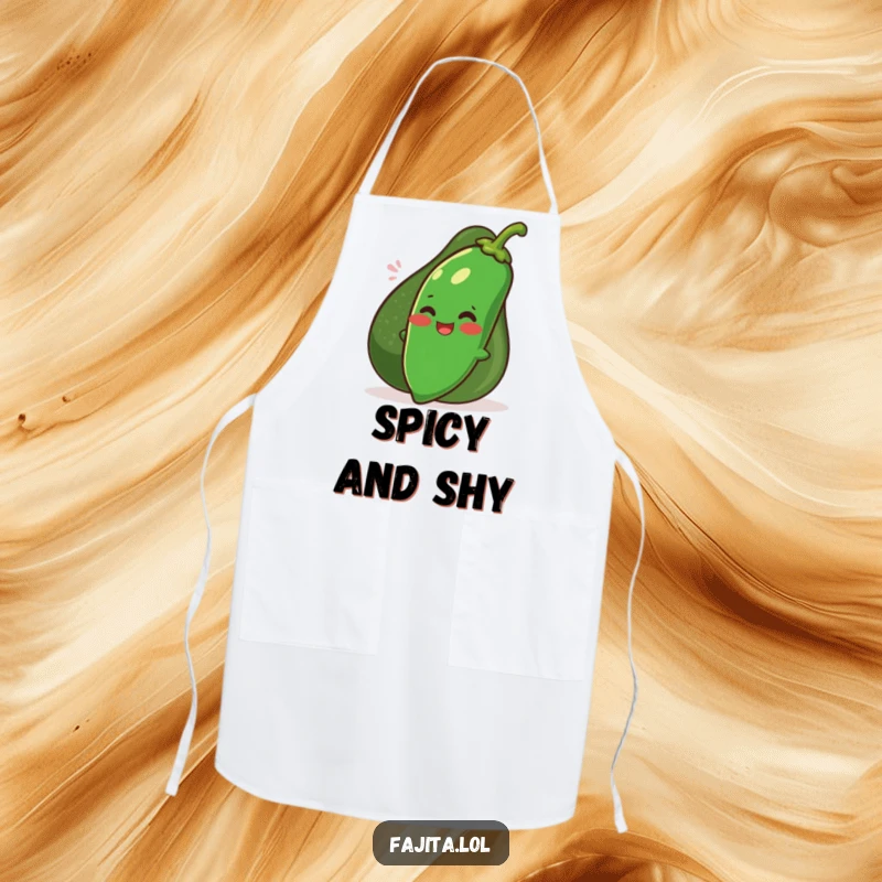 Funny shy jalapeno character peeking from behind a smiling avocado on an apron, ideal for humorous kitchen activities.