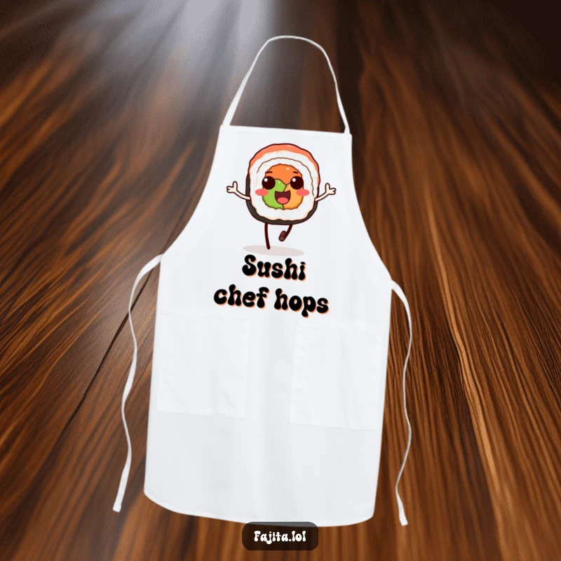 Funny apron showing a delighted sushi roll on soy sauce legs, happily hopping, ready to assist in the kitchen.