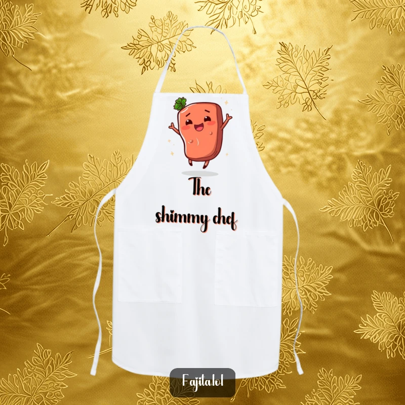 Funny apron depicting a happy fajita steak segment performing a lively shimmy, designed for cooks who bring humor to the kitchen.