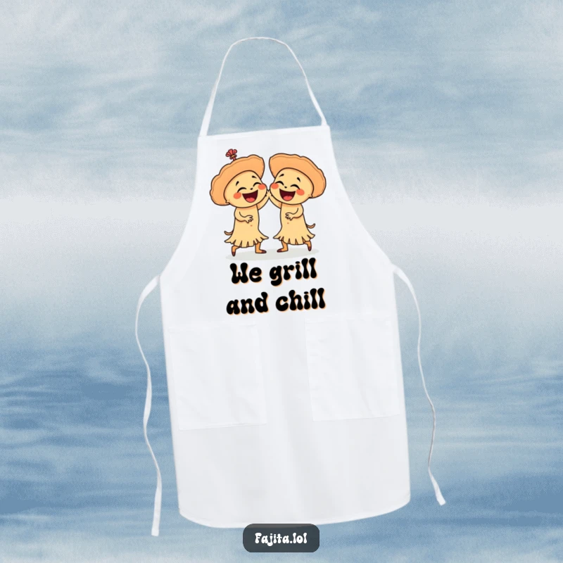 Funny apron featuring two laughing fajitas performing a lively salsa dance, ideal for chefs who love Mexican food and humor.