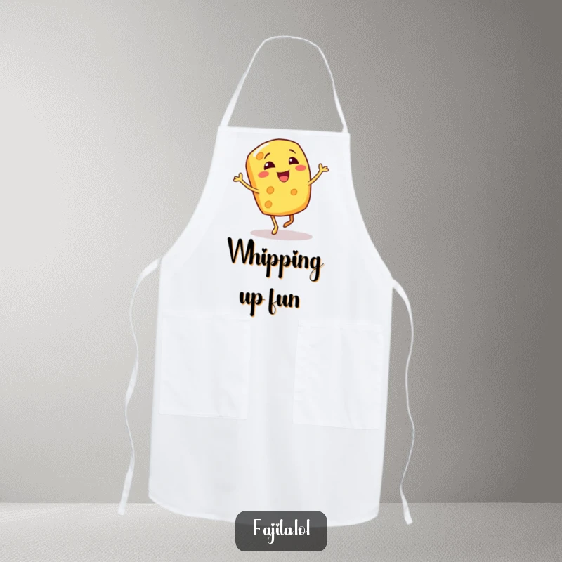 Funny apron showcasing a happy, giggling cheese shred character performing a delightful bouncy jig while cooking.