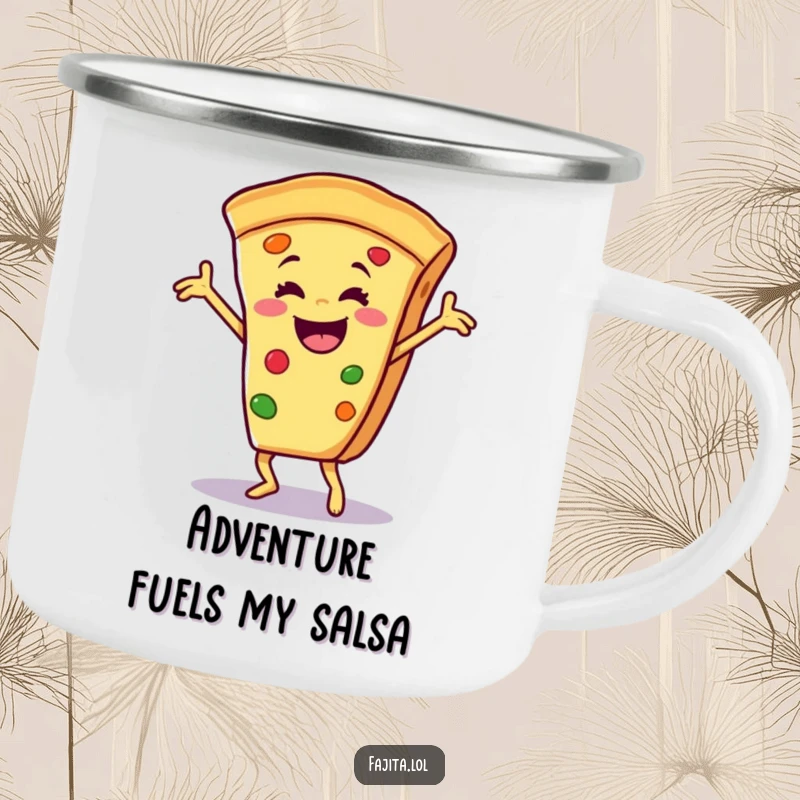 Funny camping mug showcasing a smiling fajita slice in a vibrant salsa dance, perfect for adding humor to outdoor adventures.