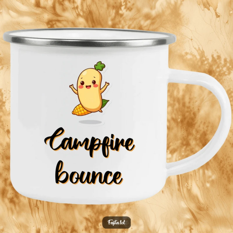 Funny Fajita Bean Character Camping Mug illustrating a happy bounce on a corn kernel, perfect for rugged adventures and a dose of fun.