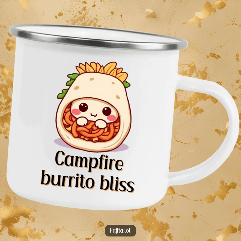 Funny camping mug illustration of a happy fajita burrito rolling into a snug position, perfect for outdoor enthusiasts.