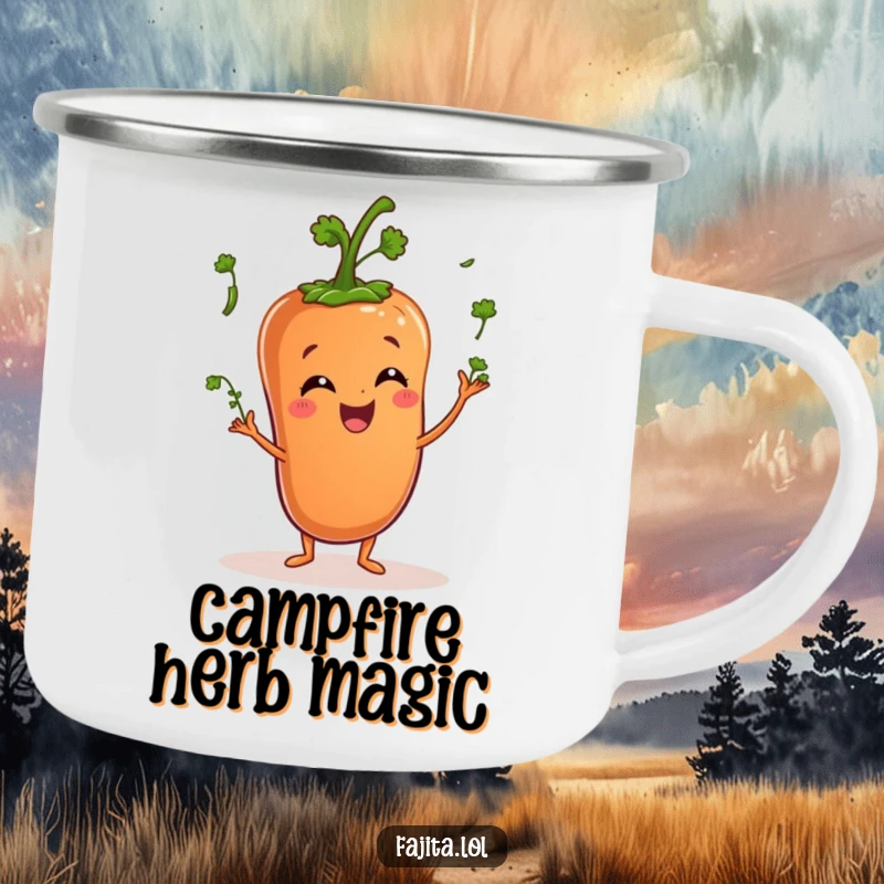 Funny camping mug features a happy pepper character juggling small cilantro sprigs, perfect for outdoor enjoyment.