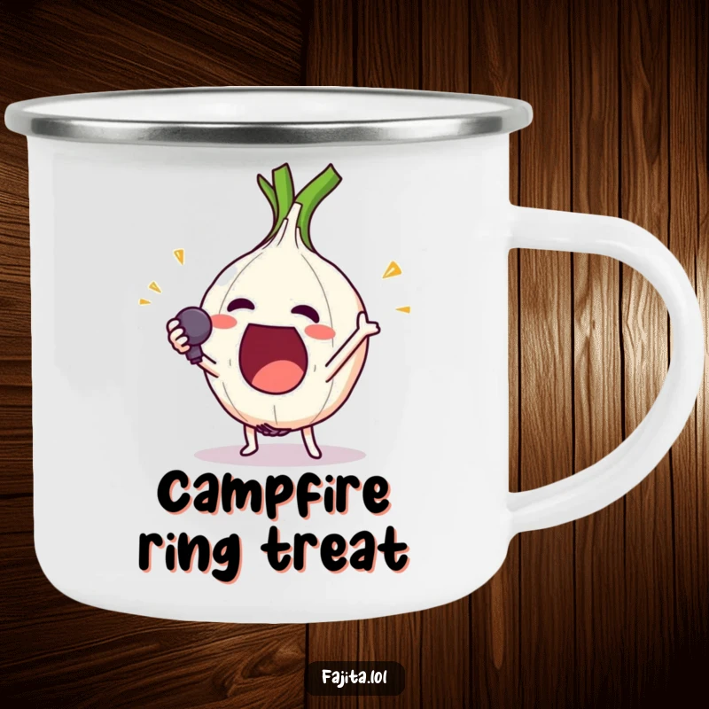 Funny camping mug with an excited onion ring character performing a mic drop, for enjoying drinks outdoors.