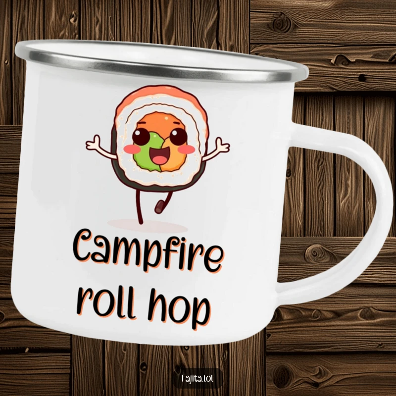 Funny camping mug with a delighted sushi roll on soy sauce legs, happily hopping, perfect for outdoor drinks.