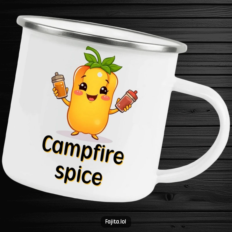 Funny camping mug with a bell pepper character juggling spices, designed for outdoor cooks who appreciate a touch of humor.